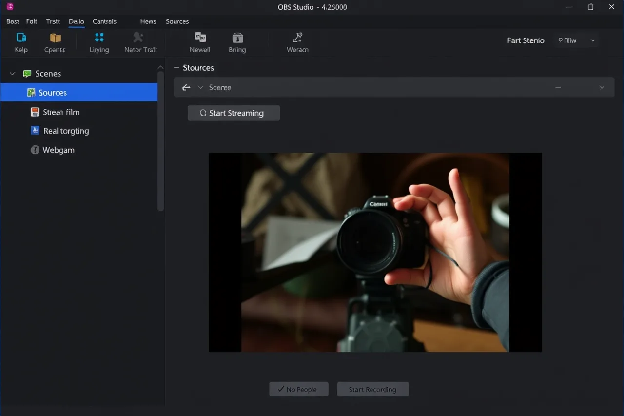 OBS Studio interface with scenes, sources, and live preview (OBS, DaVinci Resolve, YouTube Studio and the other tools reviewed by production task)